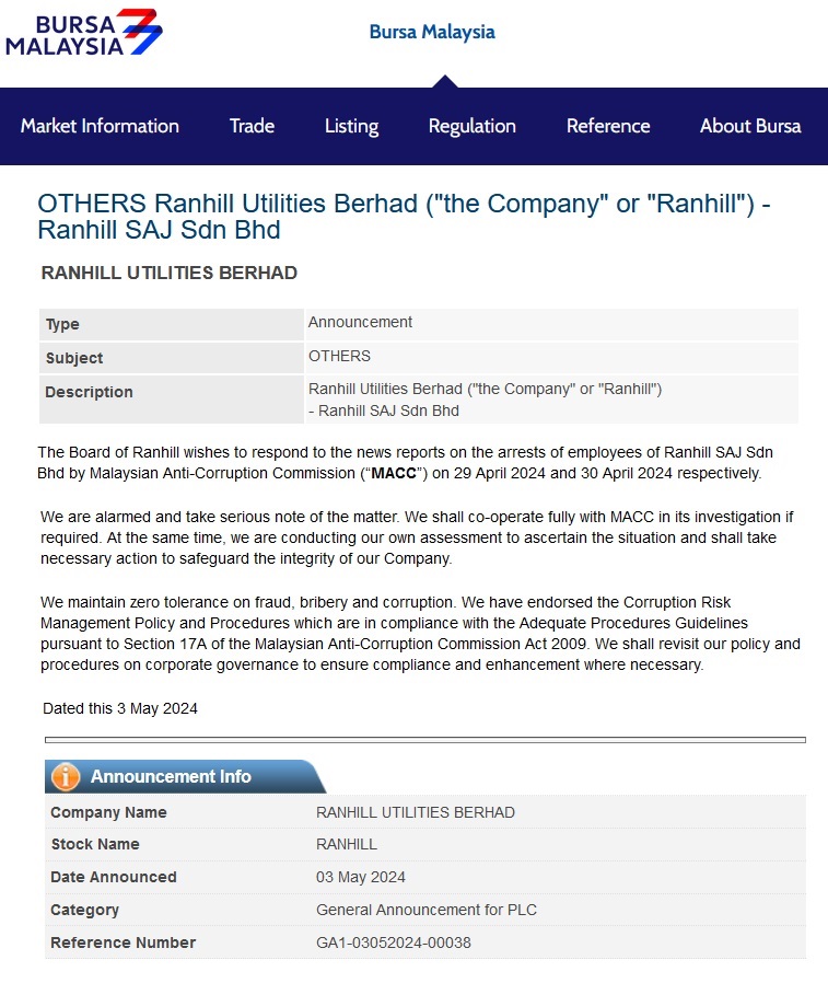 Kes rasuah CEO Ranhill SAJ: Lembaga Pengarah Ranhill maklum Bursa beri ...